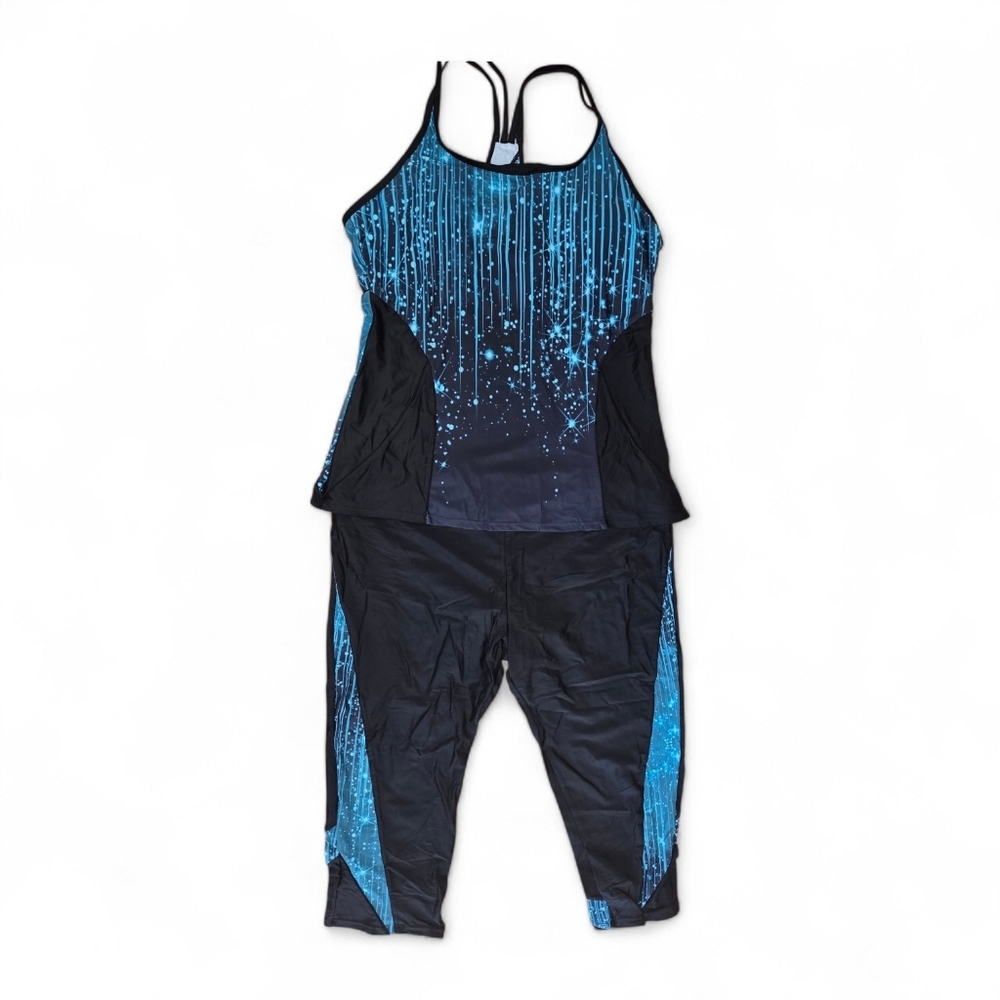 Plus Size Black & Teal Active Tankini Set - Two-Piece Swim Top and Capri Bottoms - Picture 2 of 4